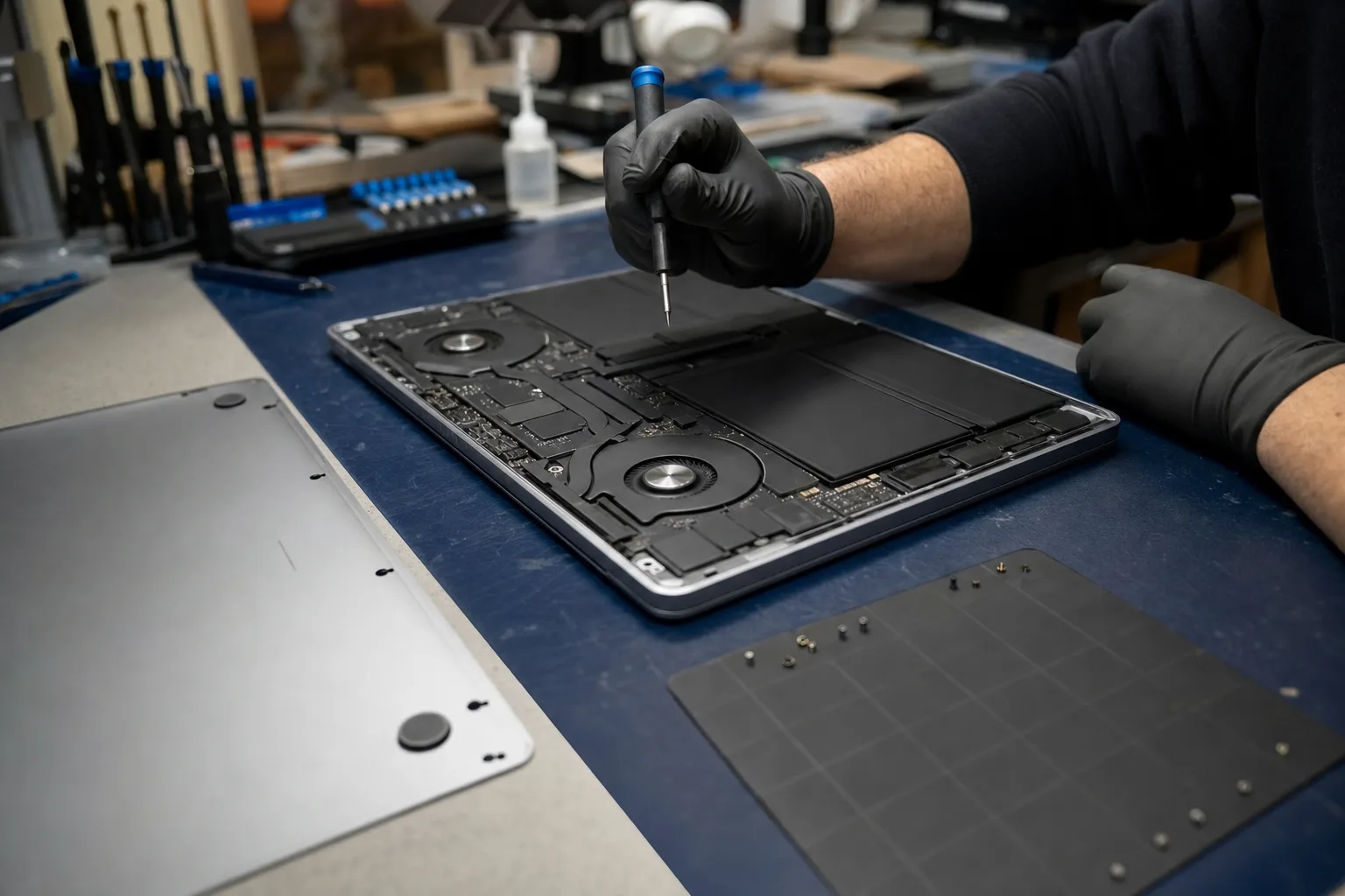 MacBook ouvert en atelier, capot dévissé révélant la batterie, technicien au travail