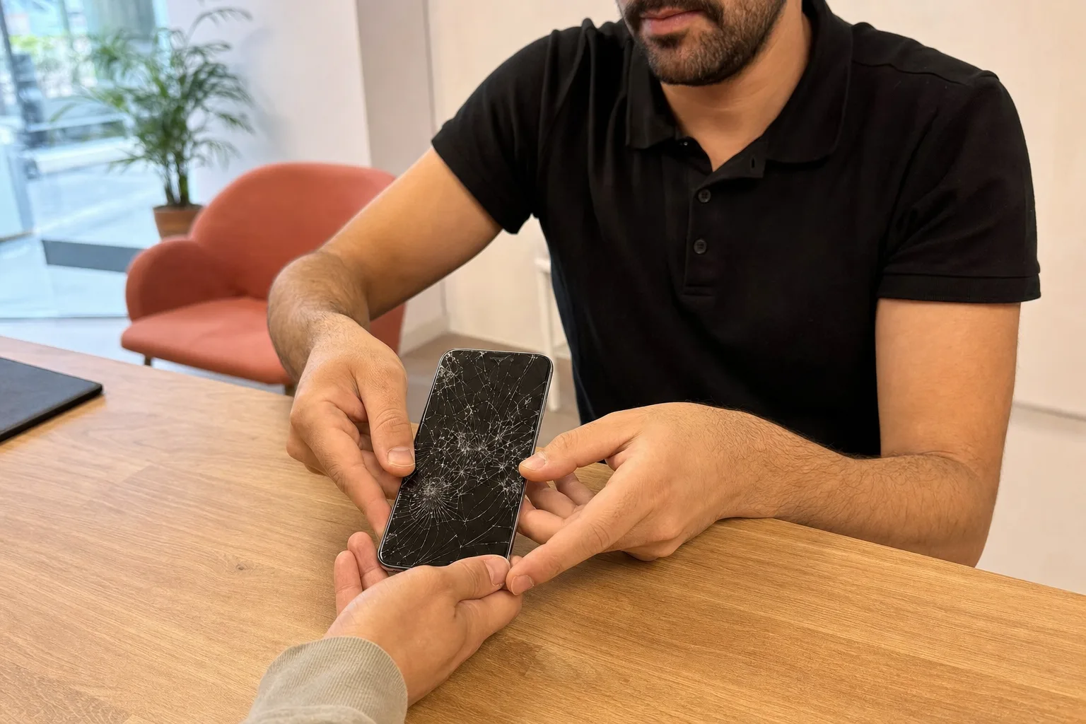 Samsung Galaxy à l'écran fissuré remis au technicien au comptoir de la boutique de Toulouse