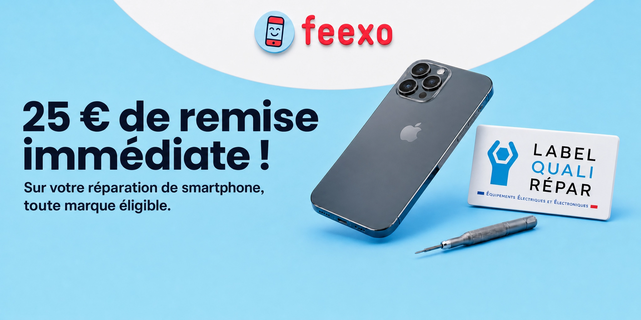 25 € de remise immédiate avec le bonus QualiRépar, sur votre réparation de smartphone toute marque éligible.