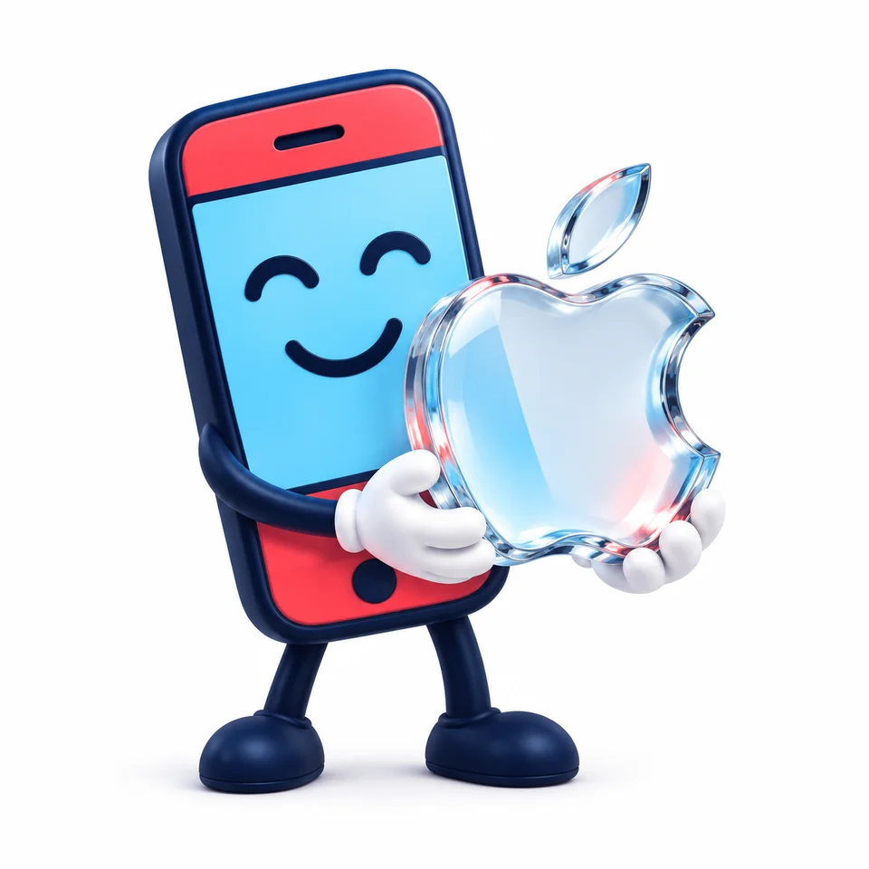 La mascotte Feexo tient le logo Apple en verre cristal