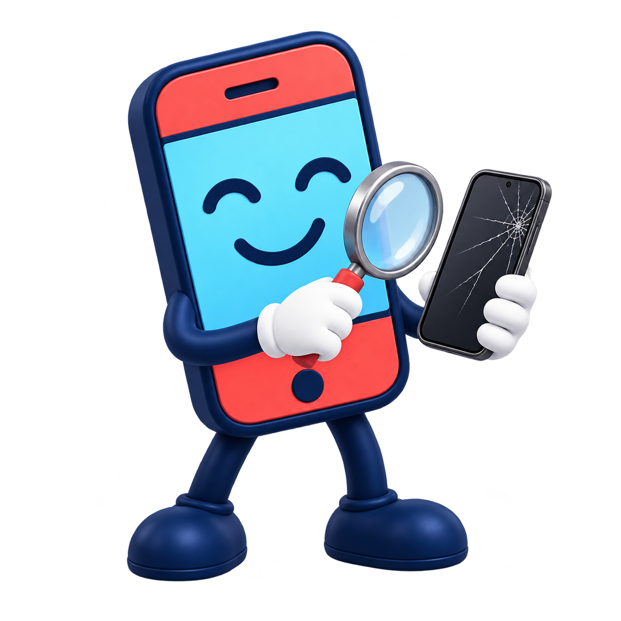 La mascotte Feexo examine un smartphone avec une loupe