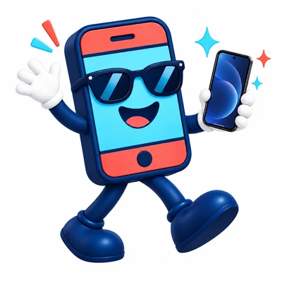 La mascotte Feexo avec des lunettes de soleil repart joyeusement avec un smartphone réparé