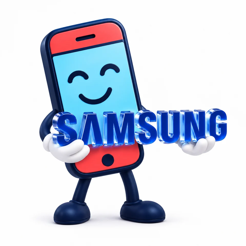 La mascotte Feexo tient le logo Samsung en verre cristal bleu