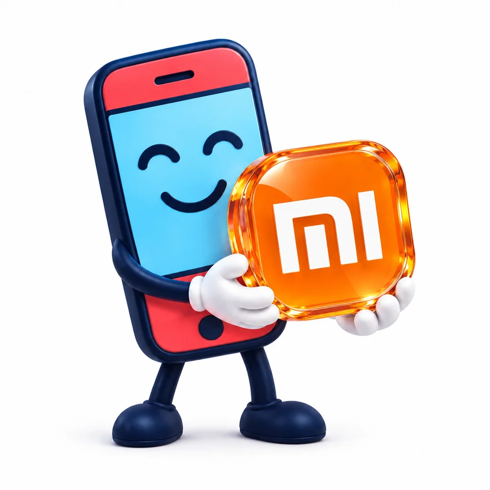 La mascotte Feexo tient le logo Xiaomi en verre cristal